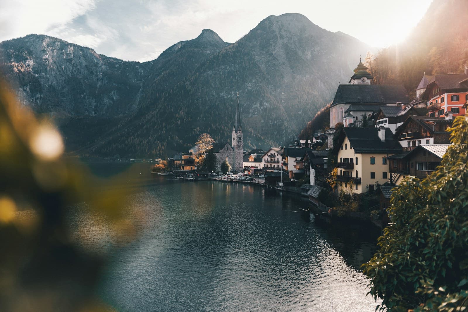 Austria: town beside body of water and mountains