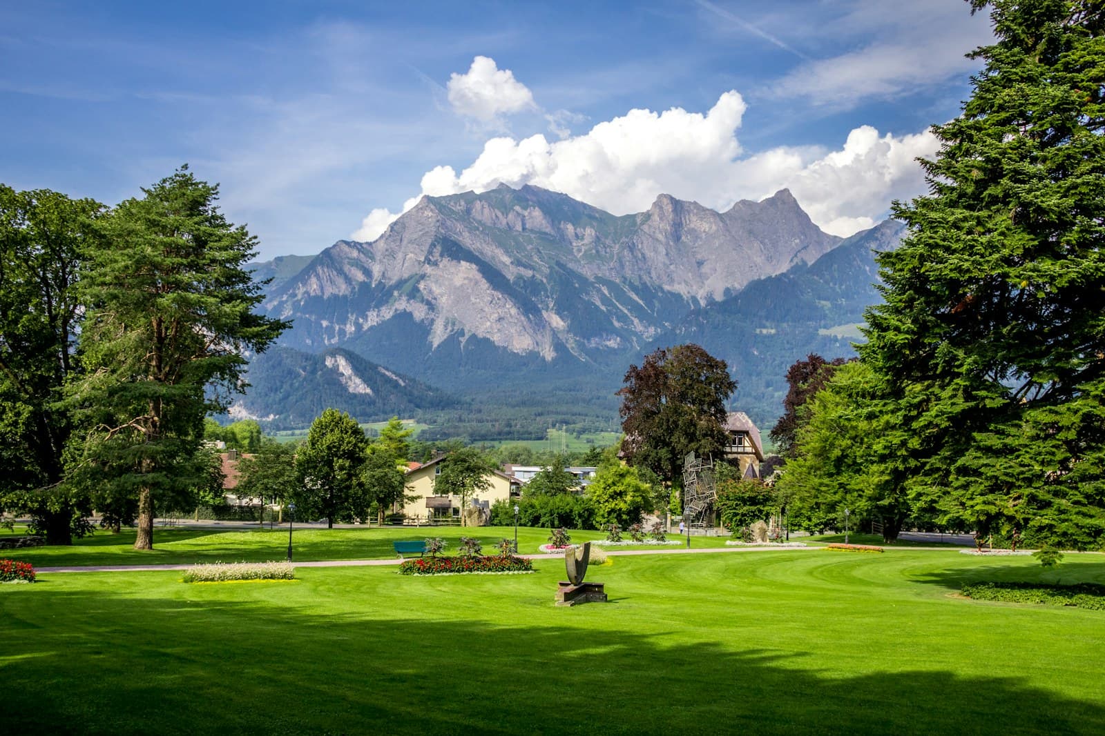 Switzerland: green grass field with trees and mountains in the distance