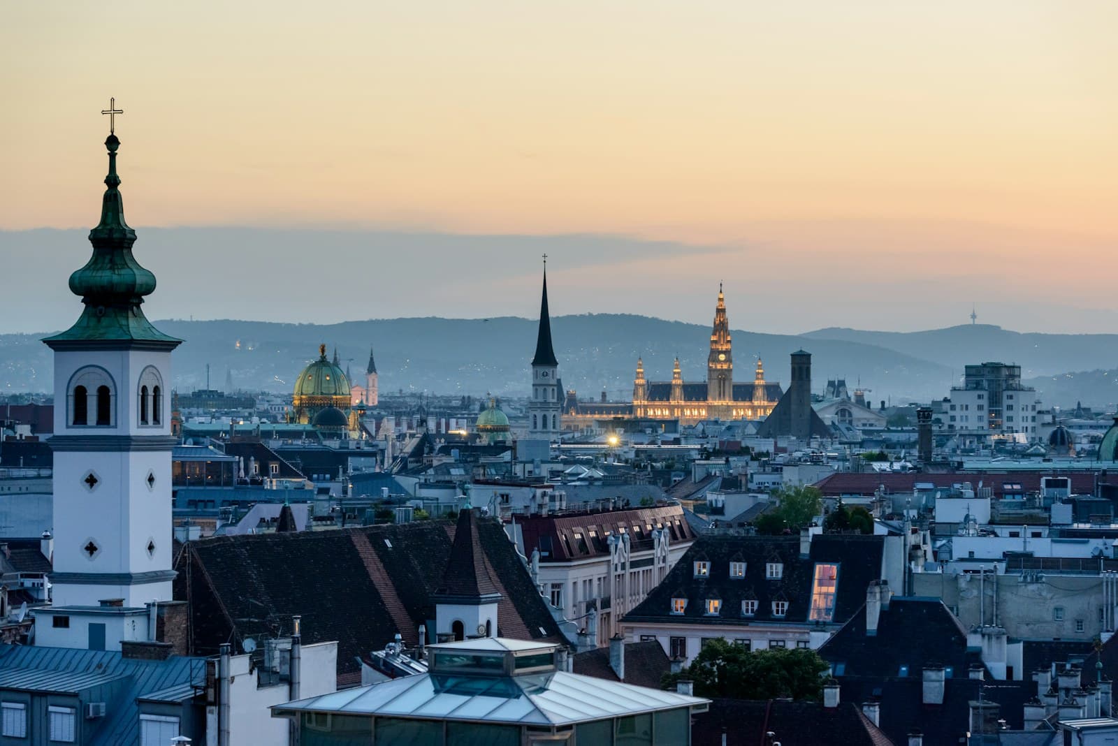 Vienna: aerial view of a city during sunset