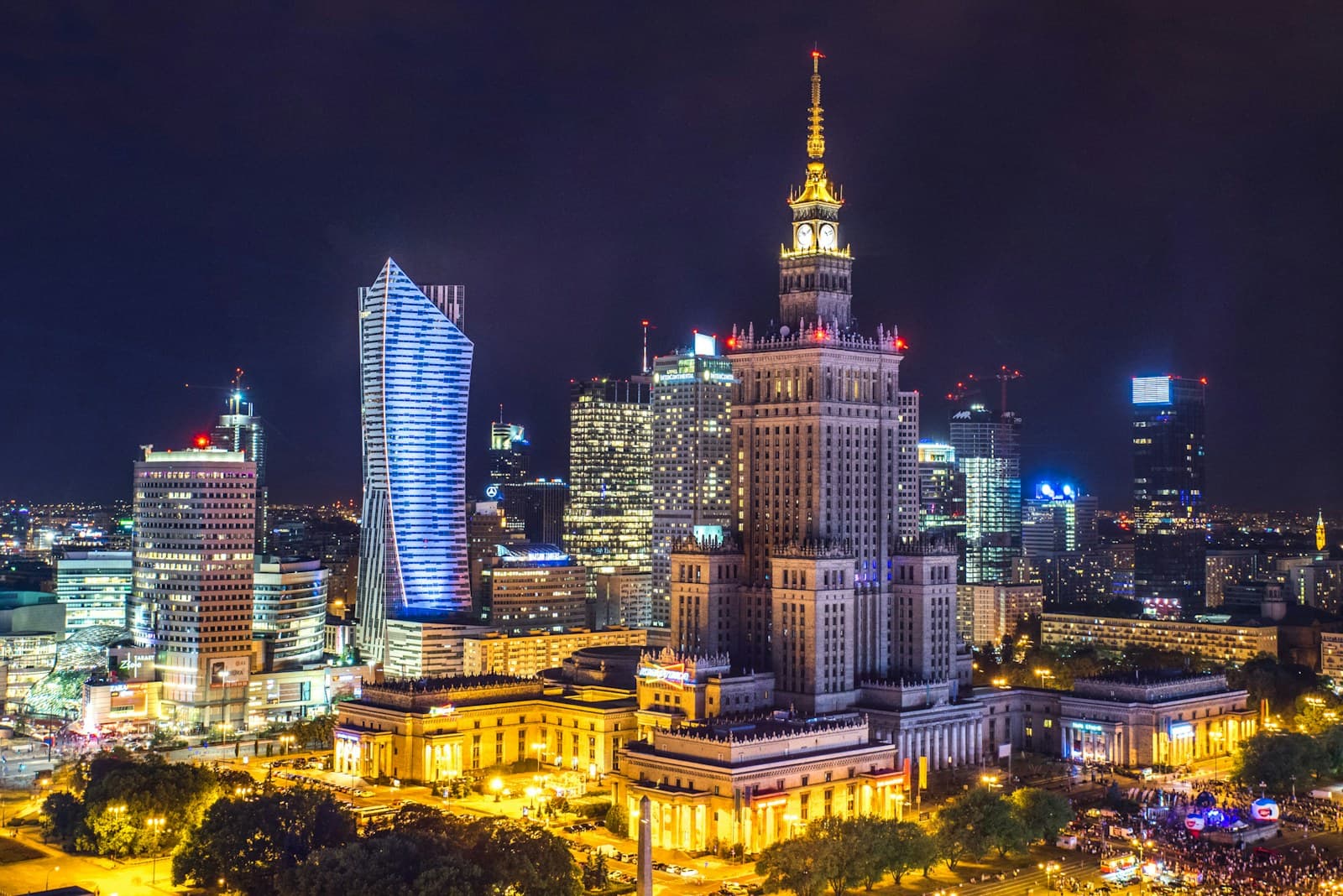 Warsaw: high-rise buildings during night time