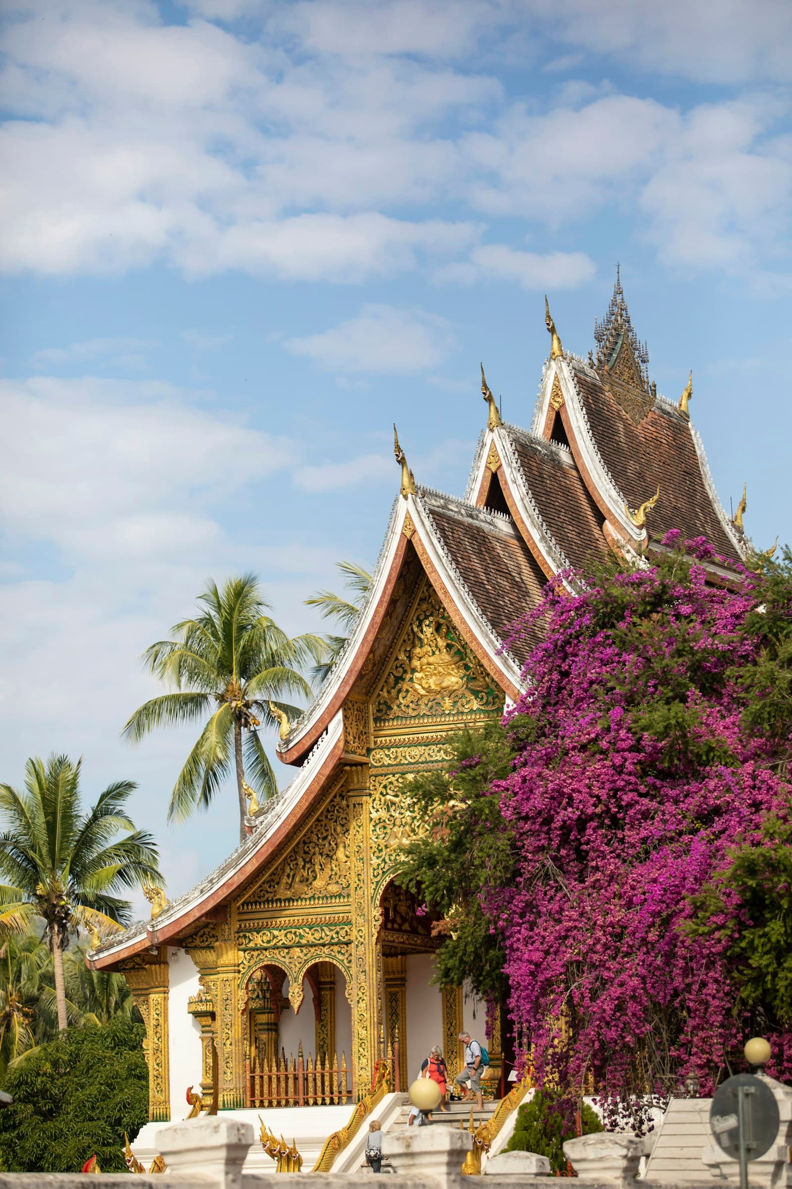 Southeast Asia: A white and gold building with purple flowers in front of it